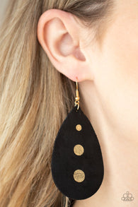"Rustic Torrent" Black Leather Suede & Gold Accented Teardrop Earrings