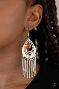 "Scattered Storms" Silver Metal & Red Beaded Dangle Earrings