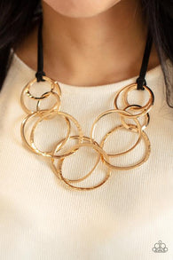 "Spiraling Out of Couture" Black Leather Corded Gold Metal Multi Circle Necklace
