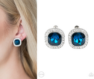 "The Fame Game" Silver Metal & Blue Rhinestone Square Clip-On Earrings