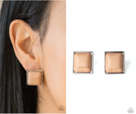 "Eco Elegance" Silver Square Brown Crackle Stone Post Earrings