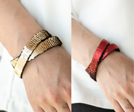 "Under The SEQUINS" Brown to Red Sequins LEATHER Snap Bracelet
