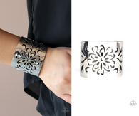 "Get Your Bloom On" Silver & Black Leather Floral Stenciled Cuff Bracelet