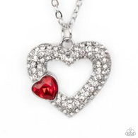 "Bedazzled Bliss" Silver Metal & White/Red Rhinestone Double Heart Necklace Set