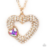 "Bedazzled Bliss" Gold Metal & Multi Iridescent Rhinestone Double Heart Necklace Set