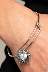 "I'm Yours" Silver Metal White Rhinestone Heart & Charms Tension Bracelet
