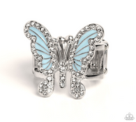 "All Good Wing" Silver Metal Blue Enamel & White Rhinestone Butterfly Elastic Ring
