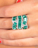 "Six-Figure Flex" Silver Metal & Multiple Green Emerald Cut Rhinestones Elastic Ring