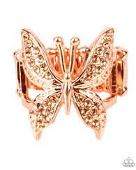 "Blinged Out Butterfly " Copper Metal & Peachy Rhinestone Butterfly Elastic Ring