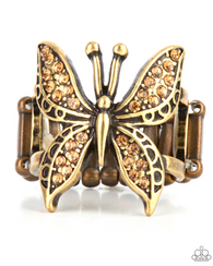 "Blinged Out Butterfly " Brass Metal & Champagne Rhinestone Butterfly Elastic Ring
