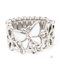"All Fluttered Up" Silver Metal & White Enameled Butterfly & Flowers Elastic Ring