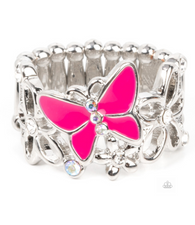 "All Fluttered Up" Silver Metal & Pink Enameled Butterfly & Flowers Elastic Ring
