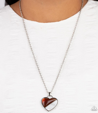 "Nautical Romance" Silver Metal, Brown & White Shell-like Color Block Stone Heart Necklace Set