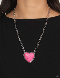 "Authentic Admirer" Silver Metal Chain With Large Pink Crackle Stone Heart Necklace Set
