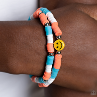 "In Smile" Orange, Blue & White Rubber Discs & Silver Beads Smiley Face Stretch Bracelets Set of 2
