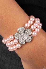 "Park Avenue Orchard" Silver Metal 3 Row Pink Pearls & Rhinestone Flower Stretch Bracelet