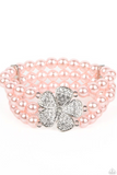 "Park Avenue Orchard" Silver Metal 3 Row Pink Pearls & Rhinestone Flower Stretch Bracelet