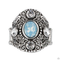 "In the Limelight" Silver Metal & Icy Blue Iridescent Gem Stretch Back Ring