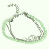 "A Lotus Like This" Silver Metal, Lotus Flower & Green Crystal Multi Strand Bracelet