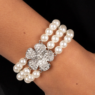 "Park Avenue Orchard" Silver Metal 3 Row White Pearls & Rhinestone Flower Stretch Bracelet