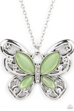 " Whimsy Wings " Silver Metal & Green Cats Eye Filigree Butterfly Necklace Set
