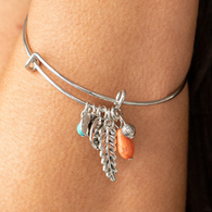 "Root and Ranch" Silver Metal, Multi Orange & Blue Crackle Stones Feather Charm Tension Bracelet