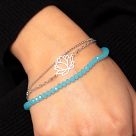 "A Lotus Like This" Silver Metal, Lotus Flower & Blue Crystal Multi Strand Bracelet