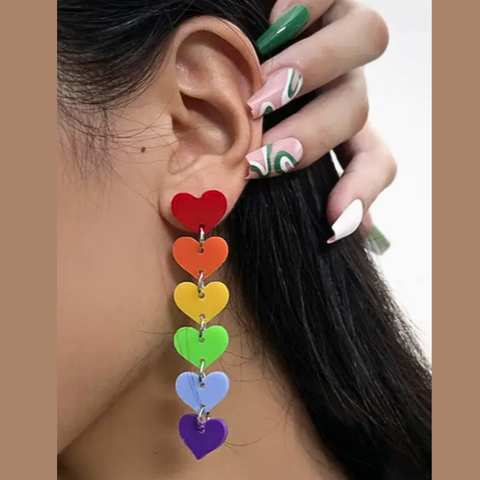 A Fun & Sassy Pair of Multi Heart Acrylic Rainbow Colored Heart Dangle Earrings