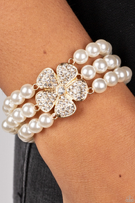 "Park Avenue Orchard" Gold Metal 3 Row White Pearls & Rhinestone Flower Stretch Bracelet