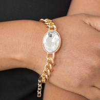 "Luxury Lush" Gold Chain & Oval White/Clear Clasp Bracelet