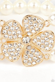 "Park Avenue Orchard" Gold Metal 3 Row White Pearls & Rhinestone Flower Stretch Bracelet