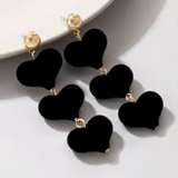 A Stunning Pair of Soft to the Touch Velvet Triple Heart Dangle Drop Earrings in RED or BLACK