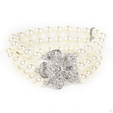"Park Avenue Orchard" Silver Metal 3 Row White Pearls & Rhinestone Flower Stretch Bracelet