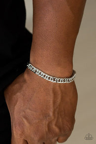 Paparazzi " AWOL " Men's Silver Metal Curb Link Brown Cord Slide Adjustable Bracelet