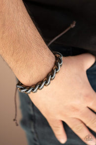 "Grease Monkey" Men's Brown Leather & Metal Weaved Adjustable Bracelet