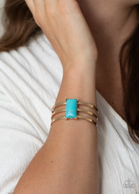 "Rural Recreation" Gold Metal & Rectangle Blue Crackle Turquoise Stone Cuff Bracelet