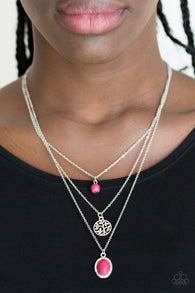 "Southern Roots" Silver Metal Pink Crackle Stone Multi Layered Necklace Set