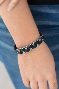 Paparazzi " Gone Rogue" Men's Black Leather with Silver Accents Weaved Snap Bracelet