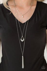 "Be Fancy" Silver Metal White Pearl & Rhinestone Multi Layer Tassel Necklace Set