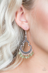 "Babe Alert" Silver Metal & Green Faceted Bead Stone Dangle Earrings