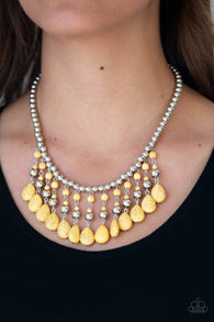 "Rural Revival" Silver Metal Yellow Crackle Stone & Silver Bead Necklace Set