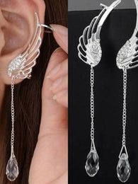 Silvertone Metal White/Clear Rhinestone Angel Wing Ear Climber Pair of Earrings