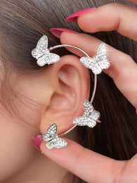 Silvertone Metal White/Clear Rhinestone Multi Butterfly Earring Cuff (1 Left Ear)