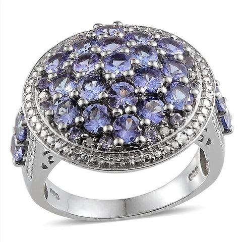 Platinum over Sterling Silver Cluster TANZANITE & Diamond Ring (Size 9 Only)