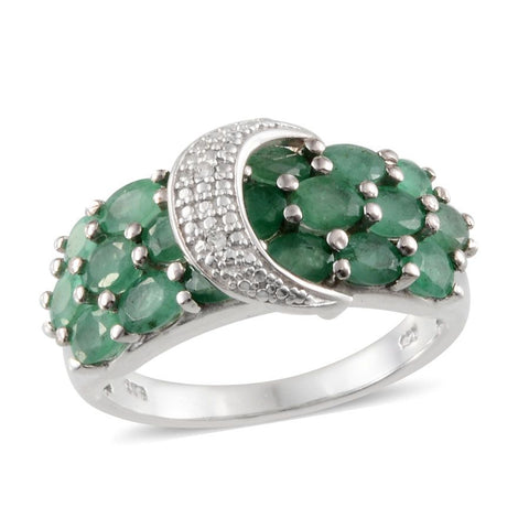 Platinum Sterling Silver EMERALD & Diamond Accent Buckle Ring (Size 10 Only)