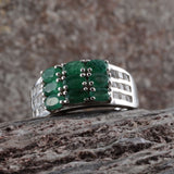 Platinum Sterling Silver EMERALD & WHITE TOPAZ 3 Row Ring (Size 7 Only)