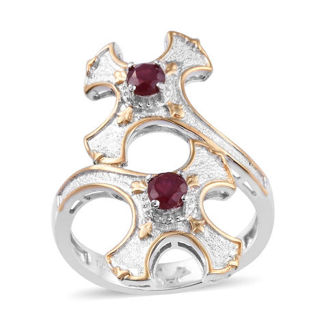 Designer YG/Platinum /Sterling Silver RUBY Bypass Double Cross Ring