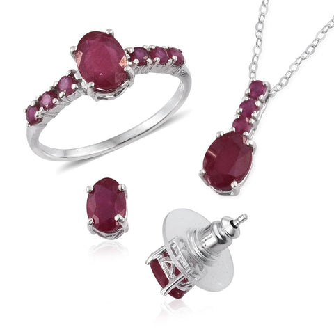 Platinum over Sterling Silver RUBY Ring, Pendant, Earrings Set with Chain