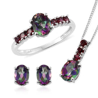 Platinum over Sterling Silver Mystic Topaz Ring, Pendant, Earrings Set with Chain