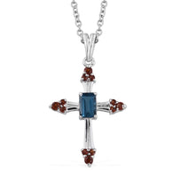 Platinum over Sterling Silver Garnet and London Blue Topaz Cross Pendant and 20" Chain